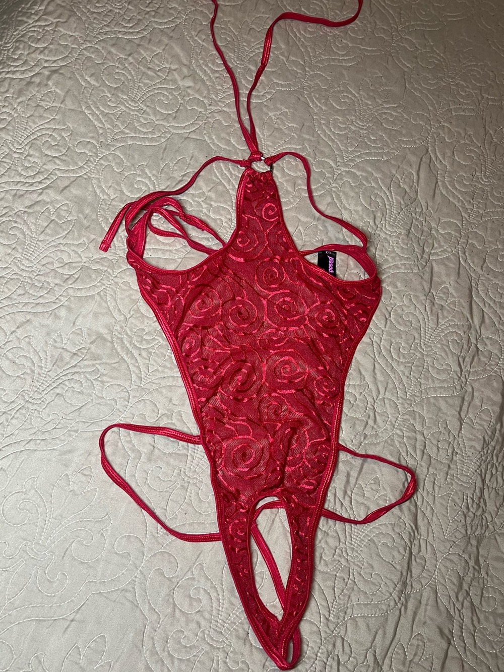 EXPOSED women’s red lace crotchless thong teddy with halter strap size L/XL
